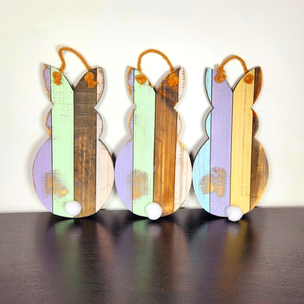 Easter Bunny set of three wooden wall hangings. Shabby chic wood signs